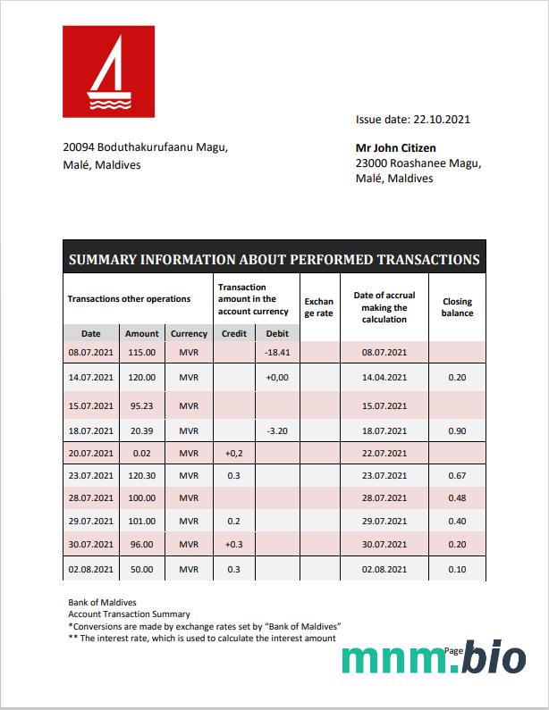 Maldives Bank of Maldives konto statement szablon Worda i PDF